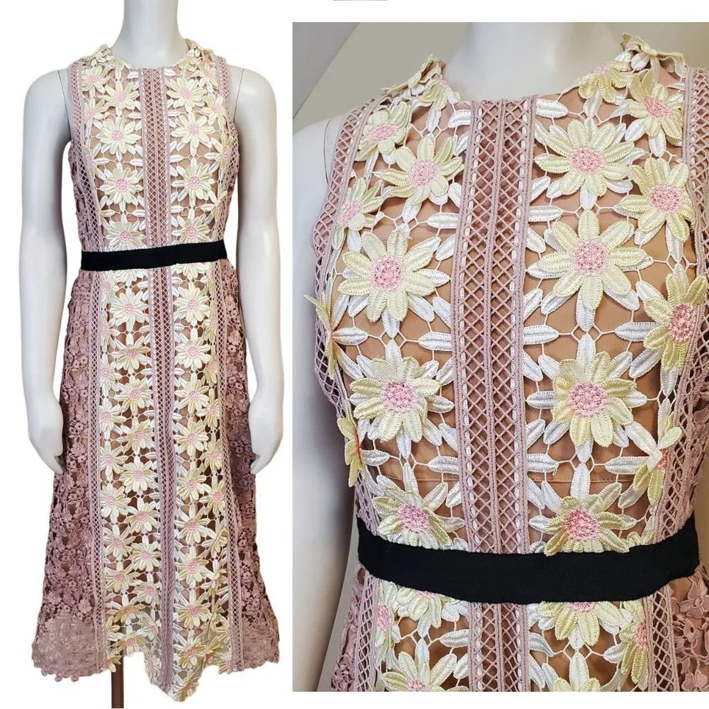 Self Portrait Daisy Floral Applique Lace Nude Illusion Midi Dress Wedding Size 6 - Picture 1 of 13